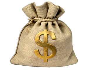A burlap sack with a golden dollar sign, representing wealth and finance