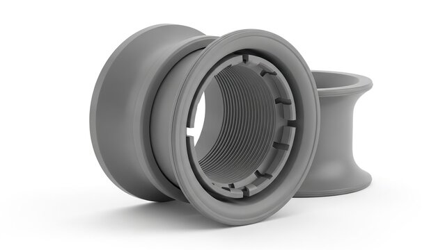 3D render of gray plastic pipe connector and adapter isolated on white background