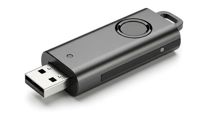 Black USB flash drive device with silver connector and circular button on top isolated on white background