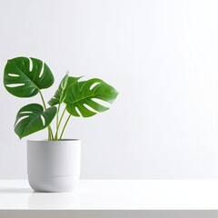 A vibrant green potted plant with lush leaves stands elegantly in the corner of a bright, airy white room, enhancing the serene atmosphere.