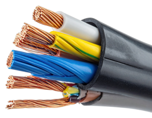 Close-up of a multi-colored electrical cable bundle, showing insulated wires & bare copper