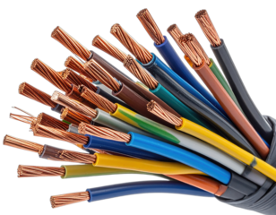 Close-up of a bundle of multi-colored electrical wires with exposed copper cores