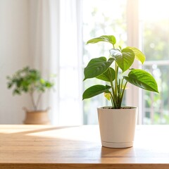 A vibrant green plant basks in warm sunlight, its leaves glistening with dew, casting soft shadows on the ground, creating a serene, tranquil atmosphere.