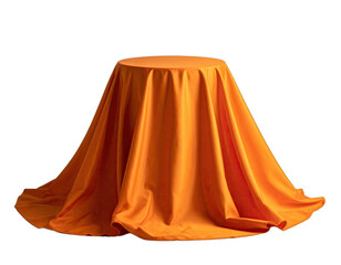 A round pedestal is draped with a vibrant orange cloth, creating graceful folds
