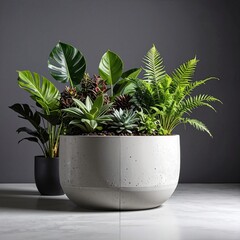 A stylish ceramic planter filled with vibrant green plants sits on a rustic wooden table, adding a touch of nature and elegance to the space.