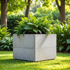 A rustic wooden planter overflowing with vibrant green plants, featuring a mix of leafy ferns and colorful flowering blooms, set against a sunny backdrop.