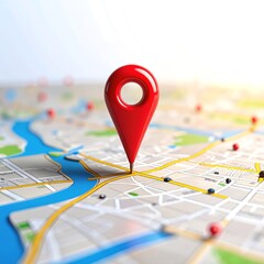 A vibrant red pin is prominently placed on a detailed map, highlighting a specific location amidst intricate streets and landmarks, symbolizing direction.