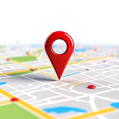 A vibrant red pin is prominently placed on a detailed map, highlighting a specific location amidst various streets, landmarks, and geographical features.