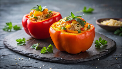 Two rocoto relleno dishes presented on dark serving board, generously stuffed with savory rice, corn, peas, and fresh herb garnish. Hearty rocoto relleno recipe for traditional Peruvian cuisine.