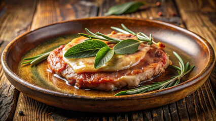 Flavorful veal saltimbocca served on rustic wooden plate, featuring tender meat with prosciutto and fresh sage leaf garnish.