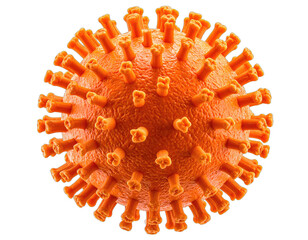 Macro view of a spherical, orange object with protruding spiky protrusions against black background