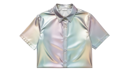 Iridescent short sleeve button-down shirt isolated PNG, holographic pastel top for fashion apparel design on transparent background