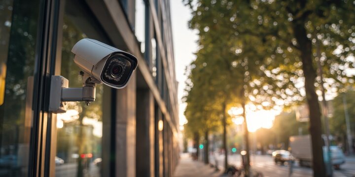 Stunning photo of Outdoor security camera on a glass building overlooking a city street at sunset