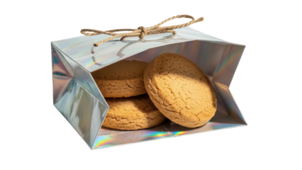Delicious golden cookies in a shiny gift bag isolated PNG, homemade baked goods for holiday treats and special occasions