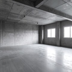 A modern room featuring raw concrete walls and a polished concrete floor, illuminated by natural light streaming through large windows, creating an industrial vibe.