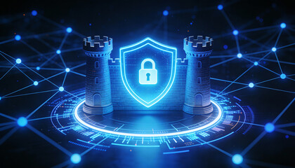 A digital shield symbolizing cybersecurity, surrounded by a network of connected data points, representing protection and security in the digital realm