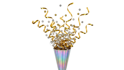 Festive party popper with gold and silver confetti isolated PNG, celebration element for birthday and New Year s Eve designs on transparent background