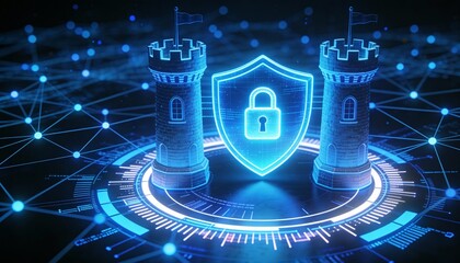 A digital shield symbolizing cybersecurity, surrounded by a network of connected data points, representing protection and security in the digital realm