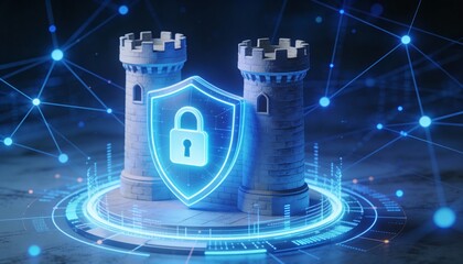A digital shield symbolizing cybersecurity, surrounded by a network of connected data points, representing protection and security in the digital realm