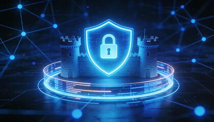 A digital shield symbolizing cybersecurity, surrounded by a network of connected data points, representing protection and security in the digital realm