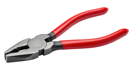 Combination pliers with red handles isolated PNG, versatile hand tool for gripping cutting and bending wires on transparent background