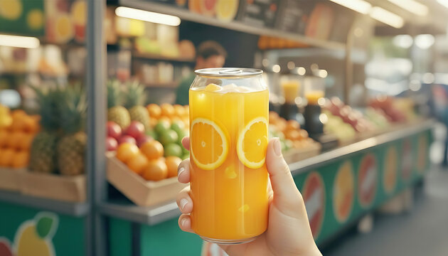 Hand holding a clear plastic drink can containing orange juice in front of fresh fruit juice kiosk 