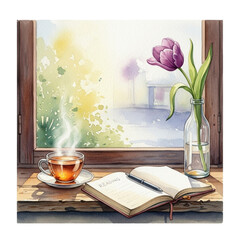 Cozy Morning Still Life: Watercolor Tea, Book, and Tulip by Window - Serene Home Scene