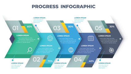 5 Step Business Progress Infographic Template. Overlapping Arrow Process Flow with Percentage Metrics and Strategy Icons. Professional Vector Illustration for Project Status and Growth Reporting