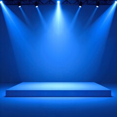 A vibrant stage illuminated by dynamic blue lights, featuring a sleek design and a backdrop that enhances the energetic atmosphere of a live performance.
