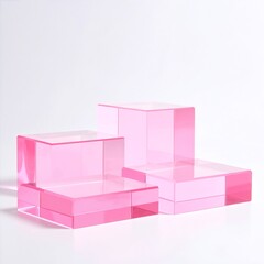 Three pastel pink boxes of varying sizes are neatly arranged on a clean white surface, casting soft shadows that enhance their delicate appearance.