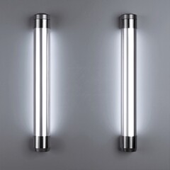 Two elegant wall lights emit a soft white glow, mounted on either side of a stylish mirror, enhancing the ambiance of the modern interior space.