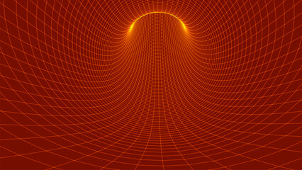 An abstract visualization of a funnel or tunnel, created from a multitude of bright, smooth lines, creating a deep perspective and the effect of virtual space against a dark background. Linear vector