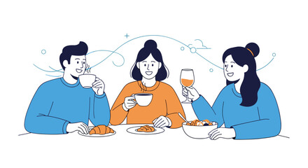 Group of young diverse friends enjoys a meal together with coffee, croissants, and wine in a friendly social gathering at a cafe or restaurant.