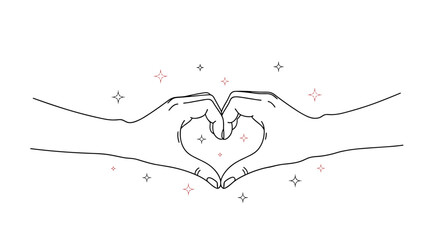 Minimalist line art illustration of two hands coming together to form a heart shape surrounded by sparkling stars representing love and care.
