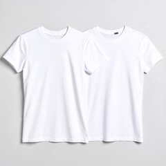 Two neatly folded white t-shirts are placed side by side on a soft grey background, showcasing their clean lines and classic design.