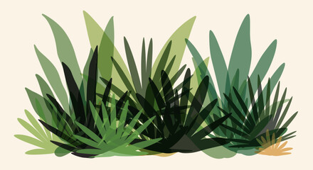 Lush cluster of various green tropical plants and leaves arranged together in a dense and vibrant botanical composition.