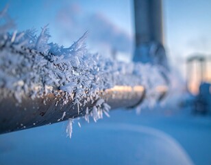 Winter's Embrace: A close-up showcases the stark beauty of a metallic pipe, intricately adorned with frost crystals, with a soft winter sunlight, evoking feelings of coldness and resilience.
