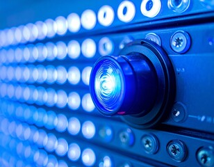 Cybersecurity and Data Hub: A close-up view of a high-tech server, illuminating the vital hub of digital data and safeguarding networks and information with advanced technology.