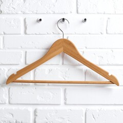 A rustic wooden hanger elegantly displayed against a textured white brick wall, highlighting the contrast between natural wood and urban architecture.
