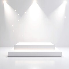 A sleek white podium stands prominently against a textured wall, illuminated by bright spotlights that create dramatic shadows and highlights.