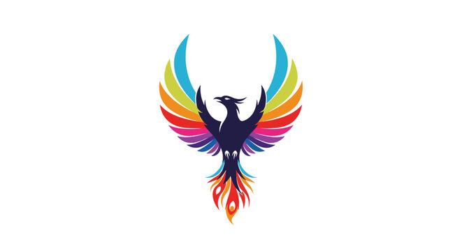 Vibrant multicolored phoenix bird logo with spreading wings and flaming tail symbolizes rebirth, power, and success in a clean vector design.