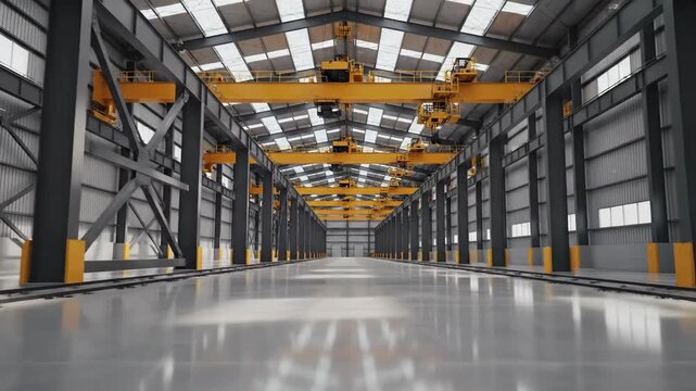 Industrial warehouse interior with overhead cranes