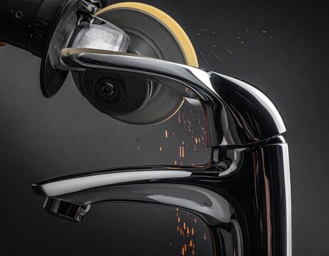Precision and Craft: An industrial scene showcasing the meticulous process of grinding a chrome-plated faucet. Sparks fly as skill meets precision, highlighting the craft. 