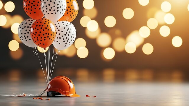 Orange hard hat tied to festive polka dot balloons against a golden bokeh background, celebrating construction safety and industrial success