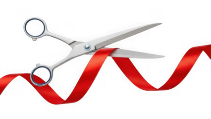 Scissors cutting red ribbon isolated on transparent background