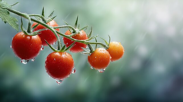   A bountiful of juicy tomatoes dangling from a leafy branch, adorned with dewy droplets on both the foliage and stem, set against a