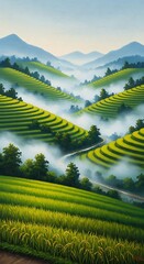 Fototapeta premium Serene landscape with green terraced fields.