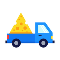 Blue truck carrying large slice of cheese  