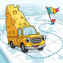 Cartoon truck carrying cheese on map with playful design  