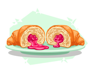 Croissant halves with pink filling on green plate in bright style  